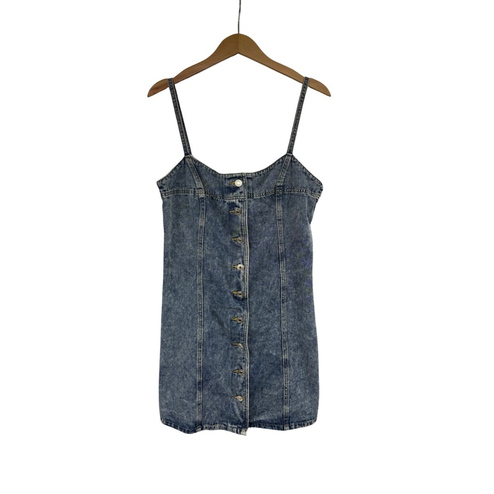 Bluivy Acid Wash Denim Button Down Mini Dress Blue Festival Boho Western Large